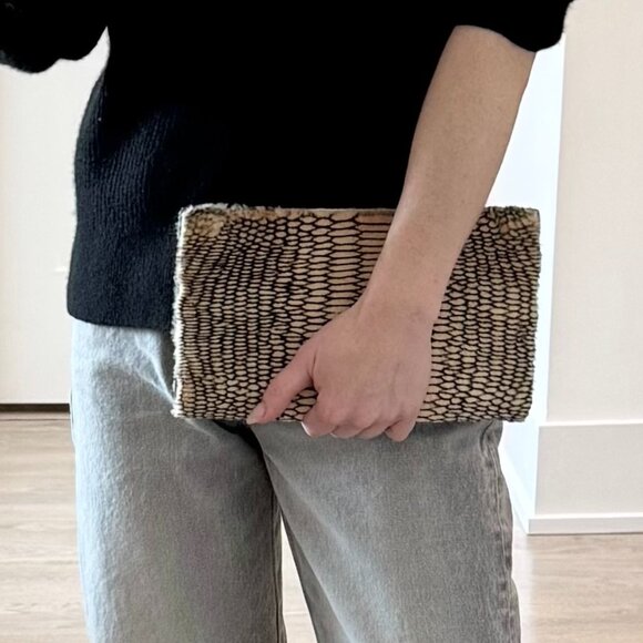 Tasha Tarno Handbags - Genuine Fur & Leather Clutch – Luxe Tan Shearling with Black Snakeskin Print